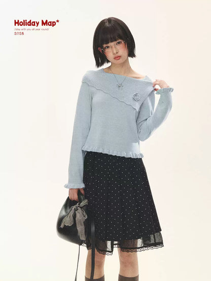 "Sea Salt Bloom" Sea Salt Blue Off-Shoulder Ruffle Knit Sweater