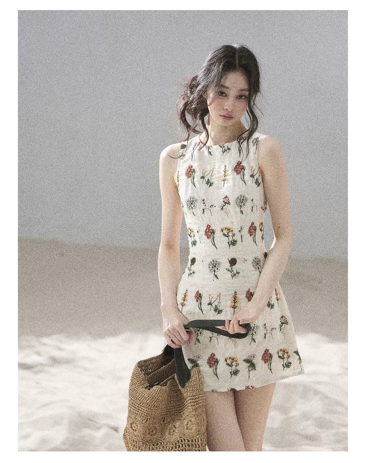 "Wildflower Daydream" Dutch Cream Embroidered Mini Dress - Sleeveless 45684