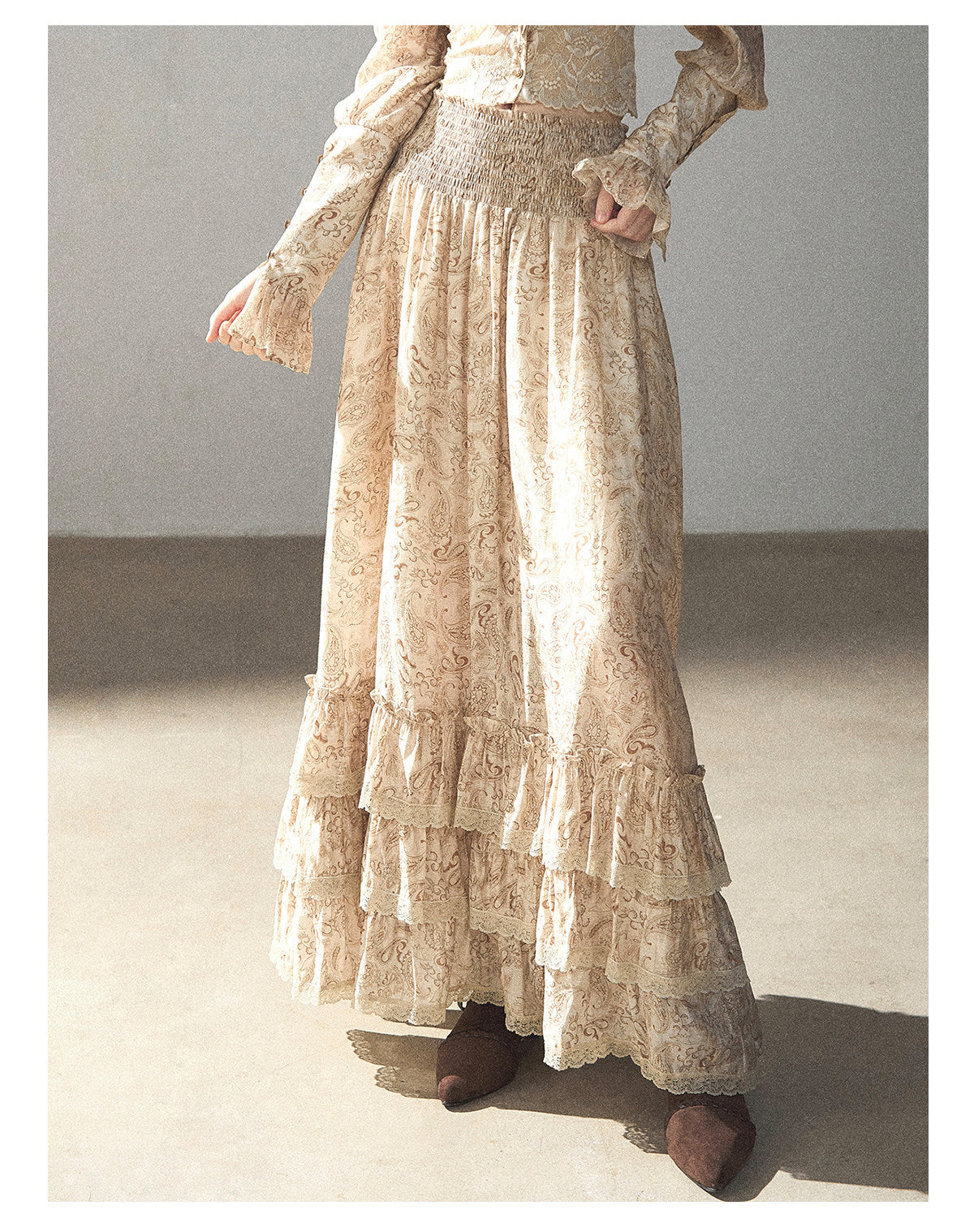170726 "Growing an Autumn Breeze" Milk Tea Floral Blouse & Maxi Skirt Set