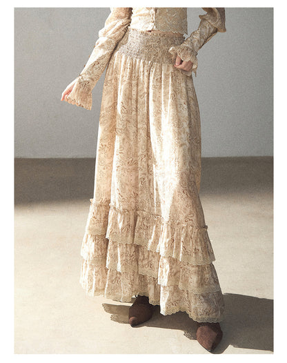 170726 "Growing an Autumn Breeze" Milk Tea Floral Blouse & Maxi Skirt Set