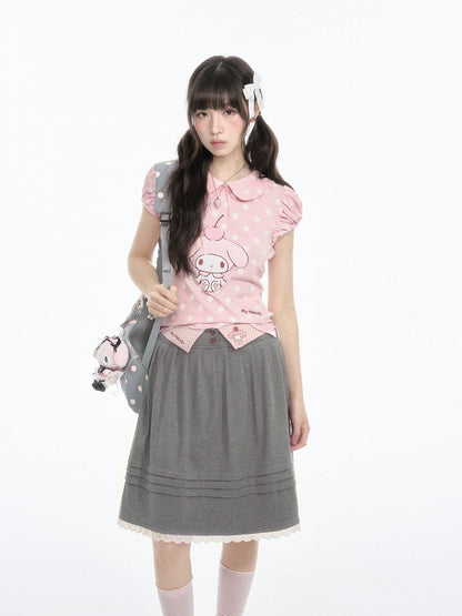 "Sweet Melody" Pink Casual Collection (Polka Dot Puff Sleeve Tee / Pleated Skirt / Bubble Skirt)