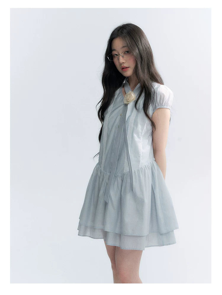 "Cedar Salt" Cool Moon Blue Lace Trim Puff Sleeve Dress
