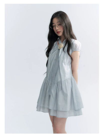 "Cedar Salt" Cool Moon Blue Lace Trim Puff Sleeve Dress