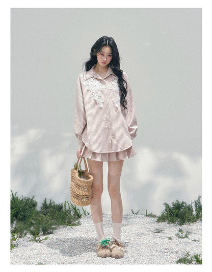少也眼 "Pink Cloud Reverie" Cinnamon Pink Lace Sweet Two-Piece Skirt Set 563856385