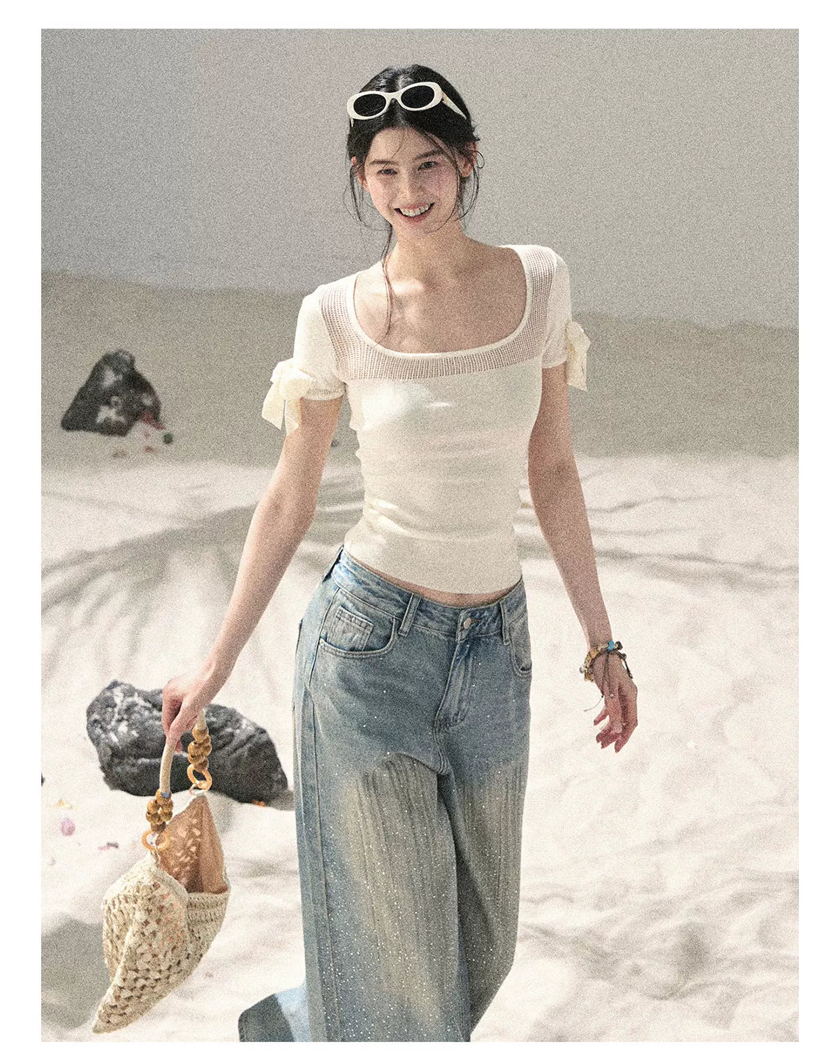 "Gentle Ocean Tide" Dutch Cream Cutout Knit Crop Top 75511