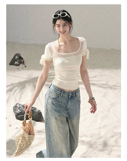 "Gentle Ocean Tide" Dutch Cream Cutout Knit Crop Top 75511