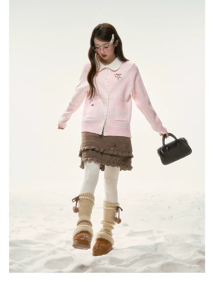 BIBIBENCY - Pink Plaid Bow Knit Sweater