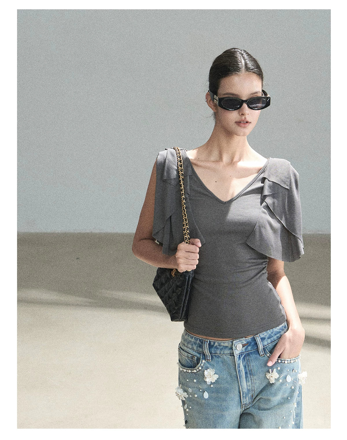 "Where Clouds Fall" Ruffle Sleeve V-Neck Crop Top (Forest Green/ Sage Gray/ Misty Blue/ Cinnamon Pink)