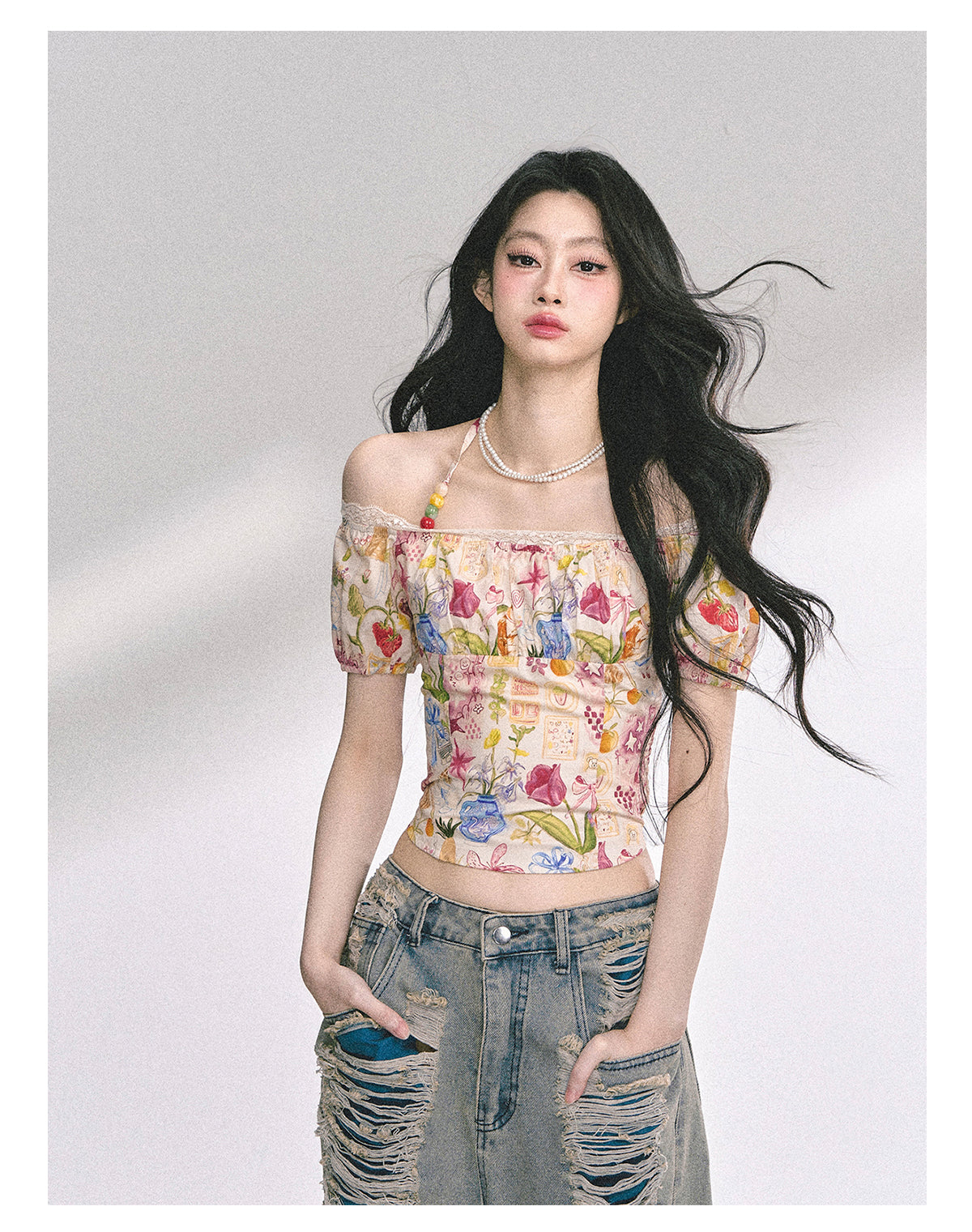 少也眼 “Verona Bloom" Off-Shoulder Halter Lace Top 5464644485