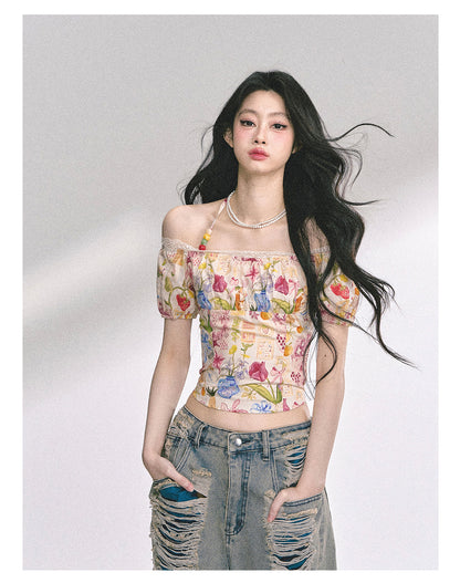 少也眼 “Verona Bloom" Off-Shoulder Halter Lace Top 5464644485