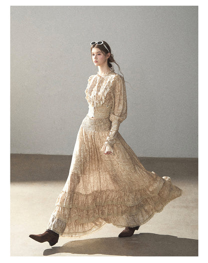 170726 "Growing an Autumn Breeze" Milk Tea Floral Blouse & Maxi Skirt Set