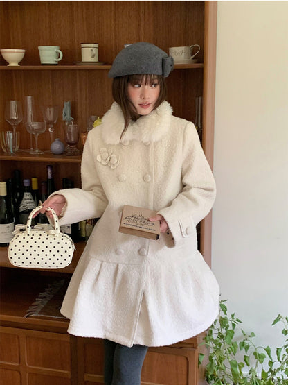 阮阮自制 - Birch Lily Milky White Detachable Fur Wool Coat