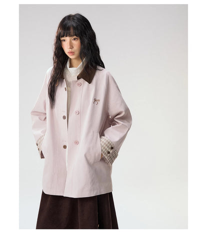 [CAN] Marshmallow & Cookie" Dusty Pink & Brown Plaid Bow Embroidered Trench Coat