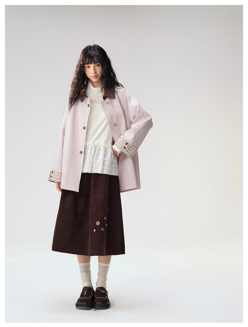 [CAN] Marshmallow & Cookie" Dusty Pink & Brown Plaid Bow Embroidered Trench Coat