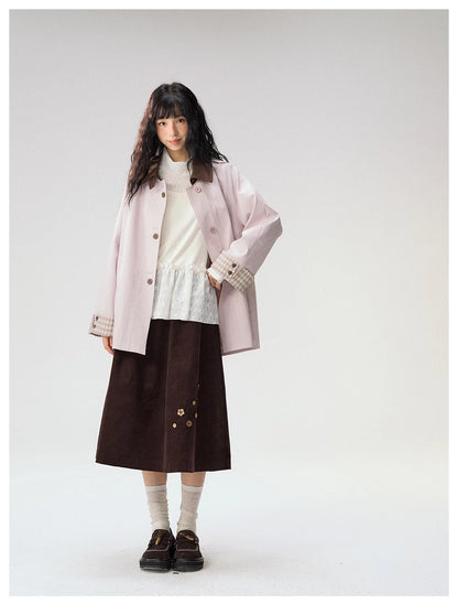 [CAN] Marshmallow & Cookie" Dusty Pink & Brown Plaid Bow Embroidered Trench Coat