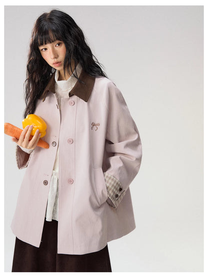 [CAN] Marshmallow & Cookie" Dusty Pink & Brown Plaid Bow Embroidered Trench Coat