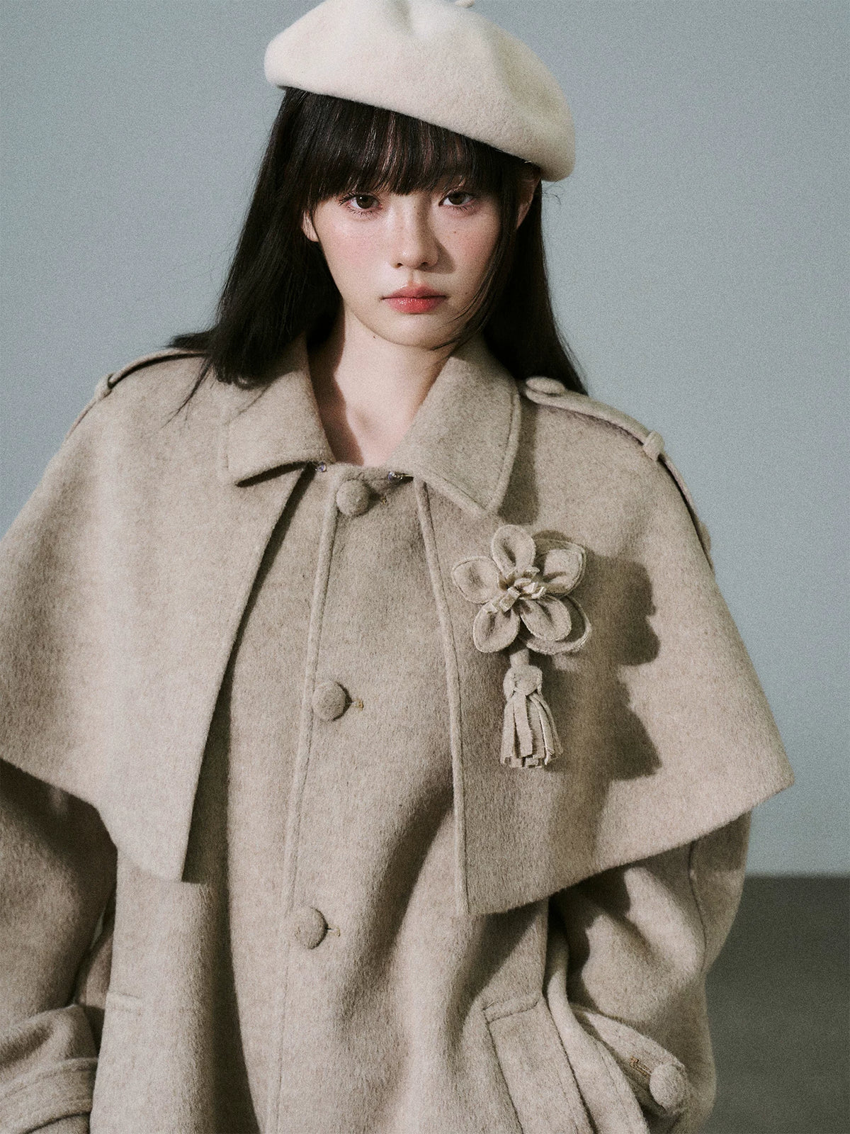 LOST FOREST - Milk Tea Wool-Blend Coat with Detachable Cape & Fringe Flowers