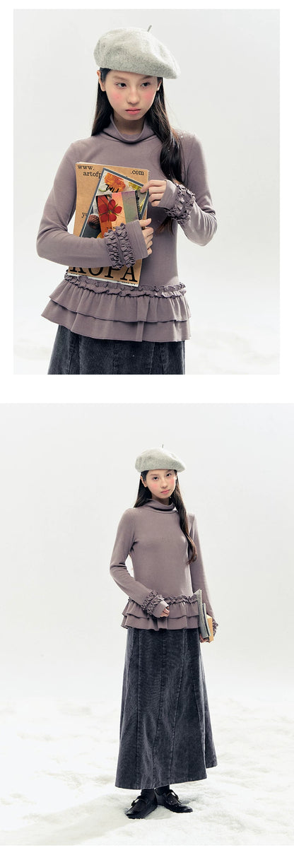 "Lavender Mist" Smoky Mauve Ruffle Ruched Turtleneck Knit Top