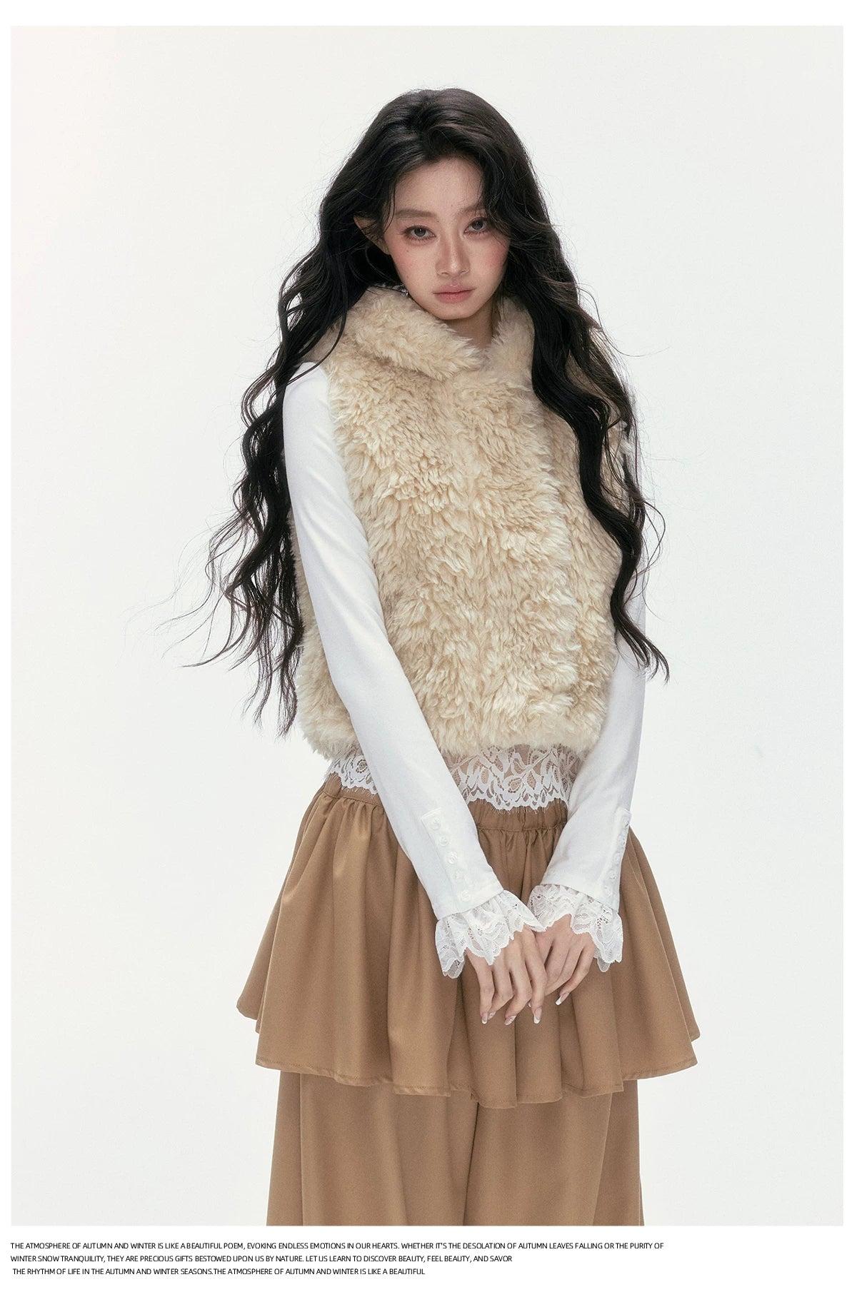 24olvides - Winter Mood Faux Fur Hooded Vest (Pink / Khaki / Cream White with Polka Dots)