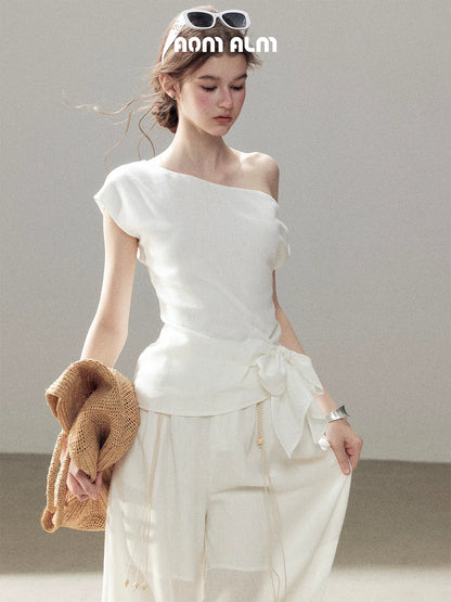 "Her Moonlight" Camellia White Off-Shoulder Top & Wide-Leg Pants Set