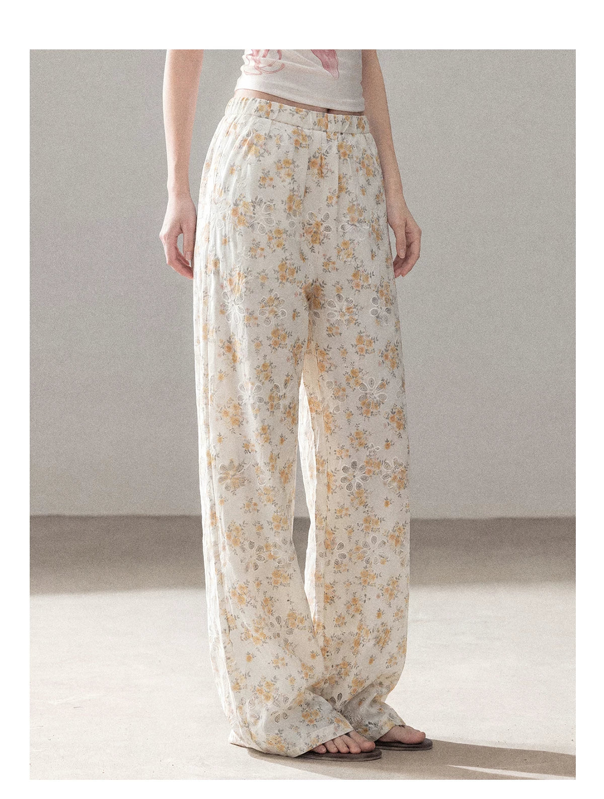AOMALM - "A Cloud in Bloom" Primrose Yellow Floral Embroidered Lace Wide-Leg Pants