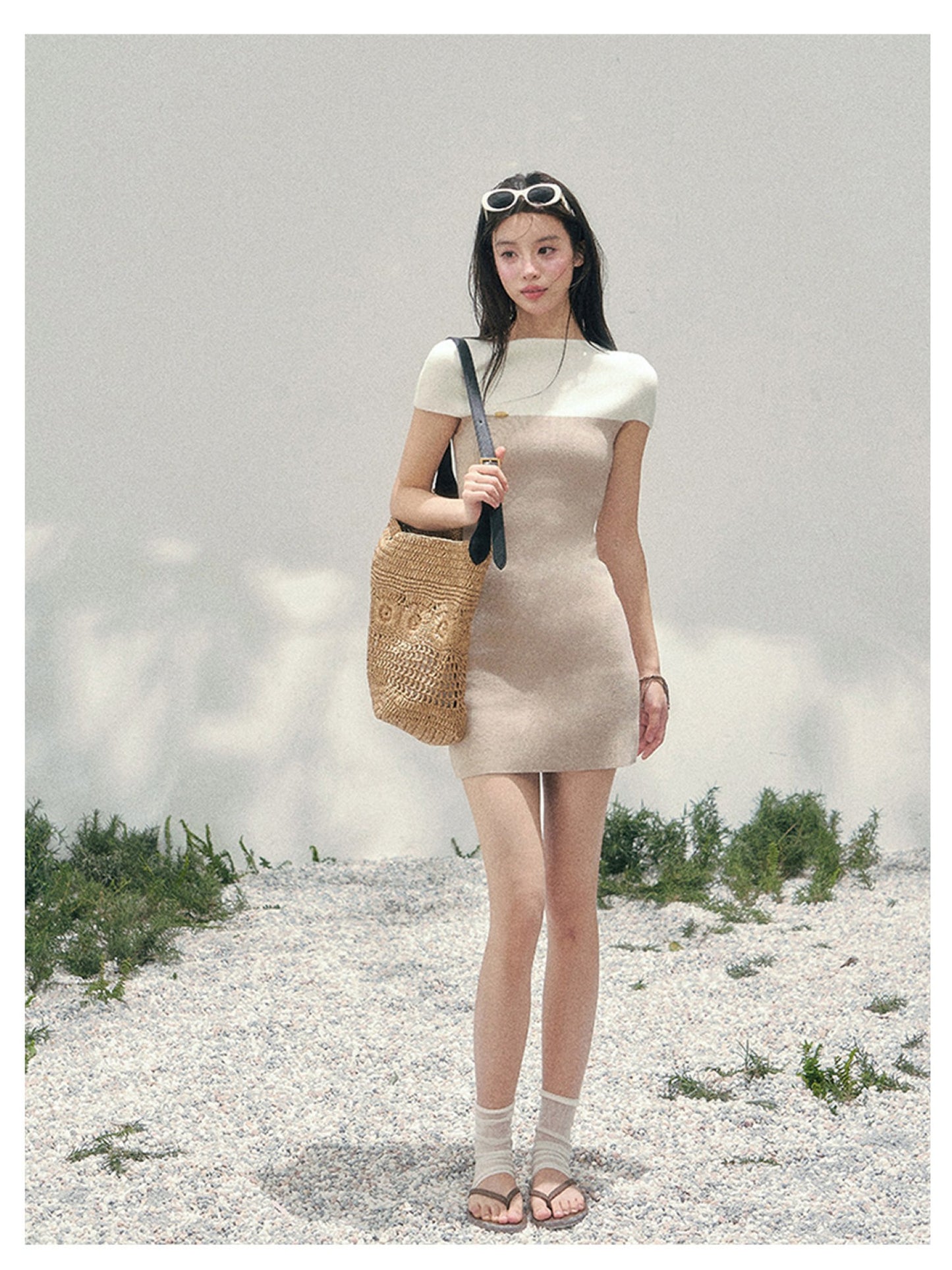 少也眼 “Ivory Moon Residence” Oatmeal Faux Two-Piece Knit Bodycon Dress 138
