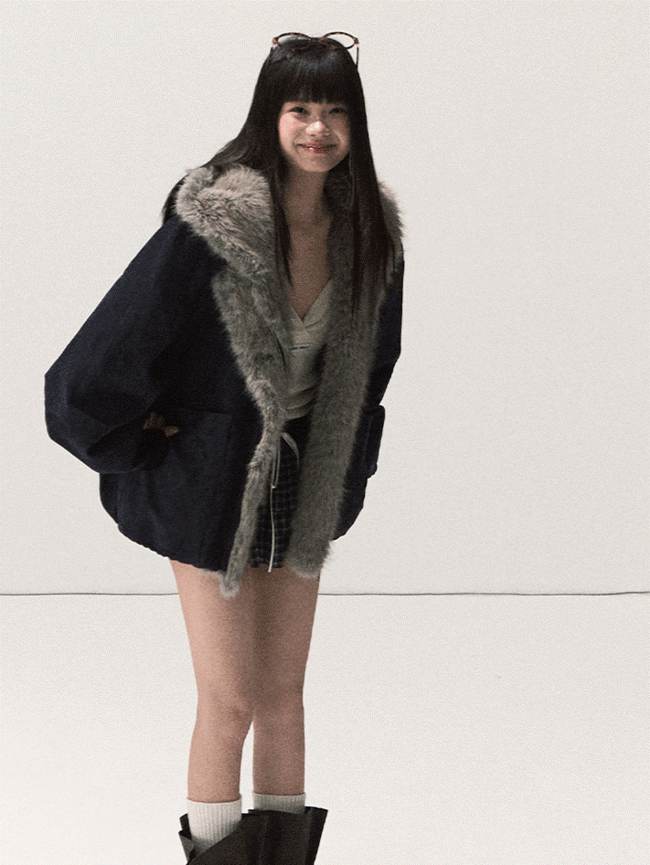 OAKMOO/ Agate Blue Faux Suede Hooded Jacket with Ombre Faux Fur