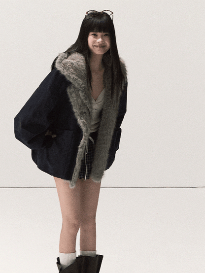 OAKMOO/ Agate Blue Faux Suede Hooded Jacket with Ombre Faux Fur