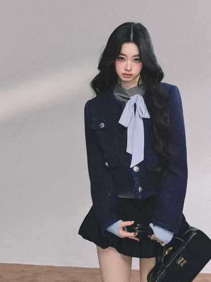 少也眼 Chanel-Inspired Loose Fit Tweed Jacket + Gray Top