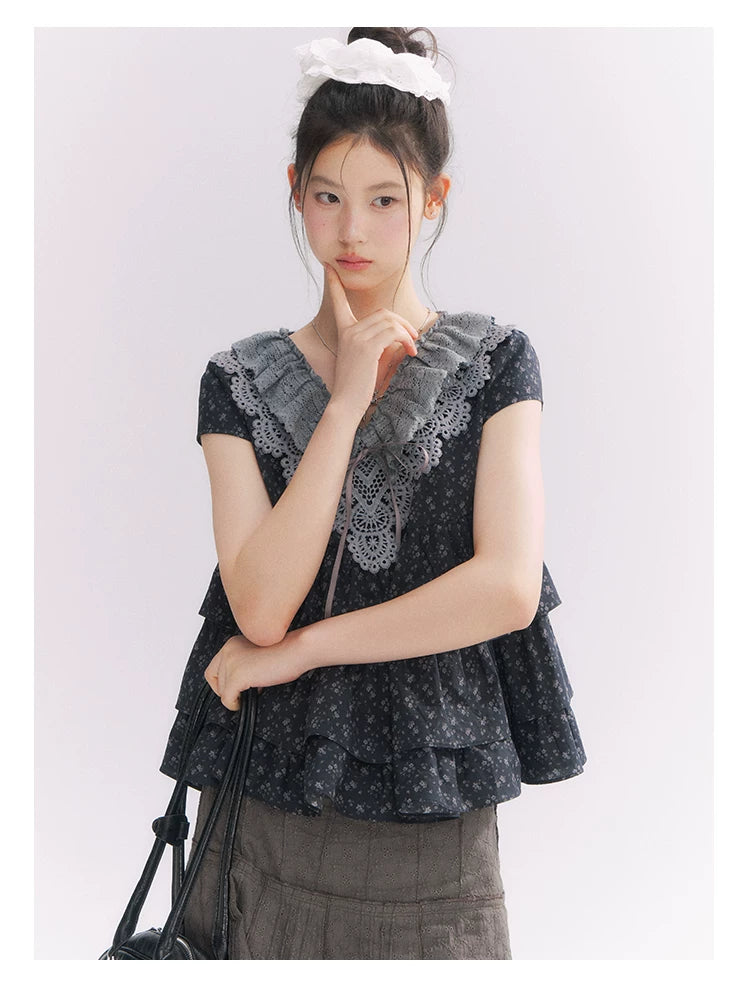 “Midnight Petal” Gray-Black Floral Top & Tiered Dress