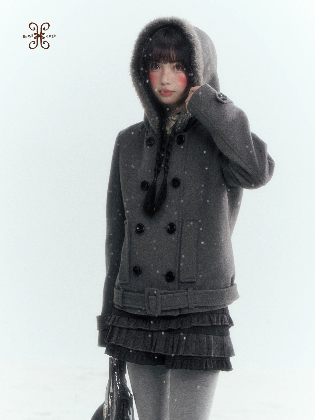 Horridale - Dark Gray Double-Breasted Hooded Wool Blend Coat