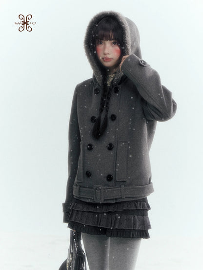 Horridale - Dark Gray Double-Breasted Hooded Wool Blend Coat