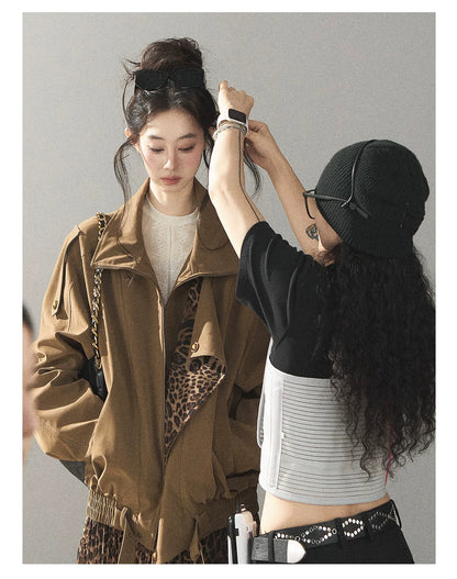 AOMALM - “Acorn & Fallen Leaves” Korean Leopard Print Chestnut Brown Faux Suede Jacket