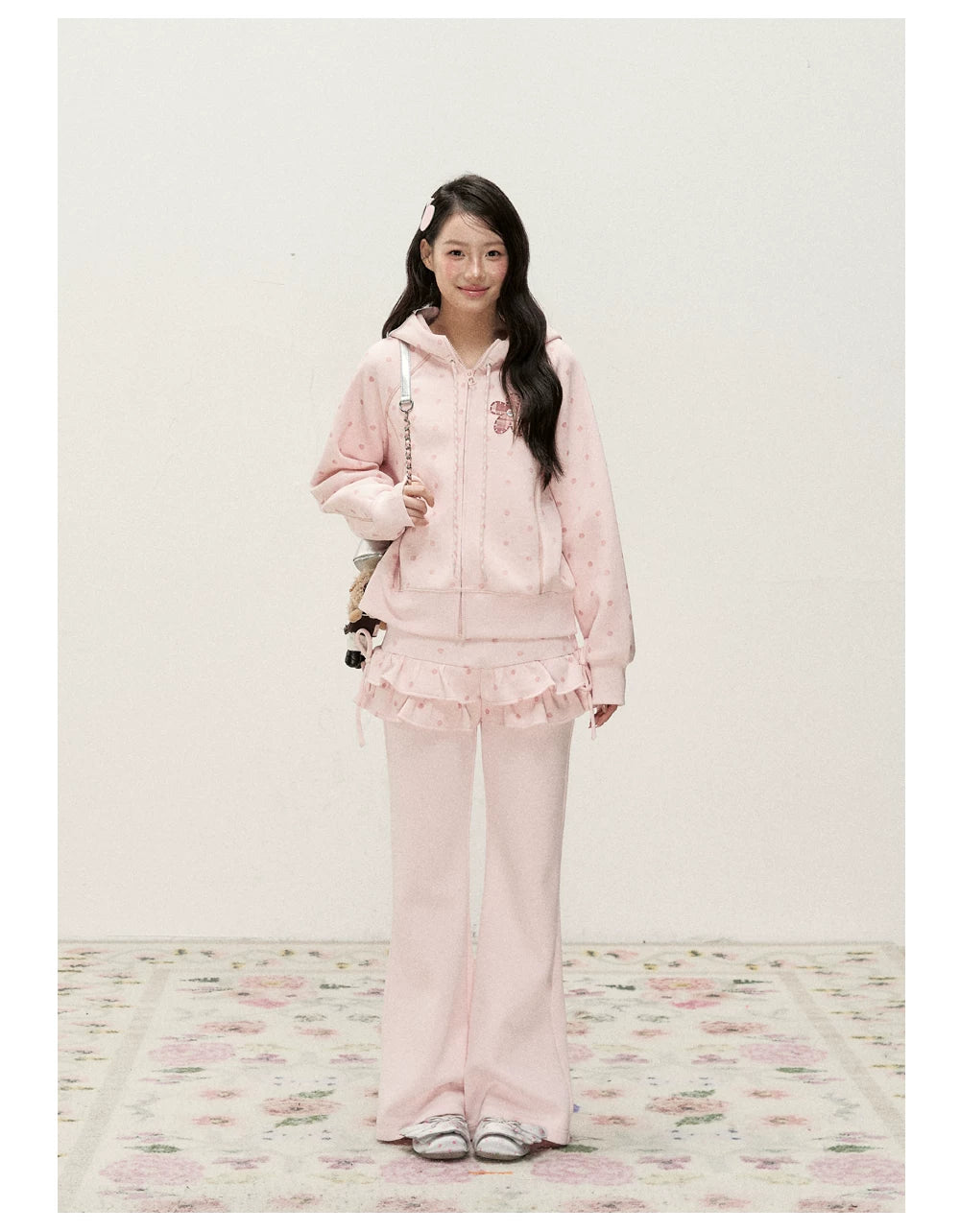 [RF] Polka Dot Hoodie and Pants Set with Zip Closure in Soft Pink