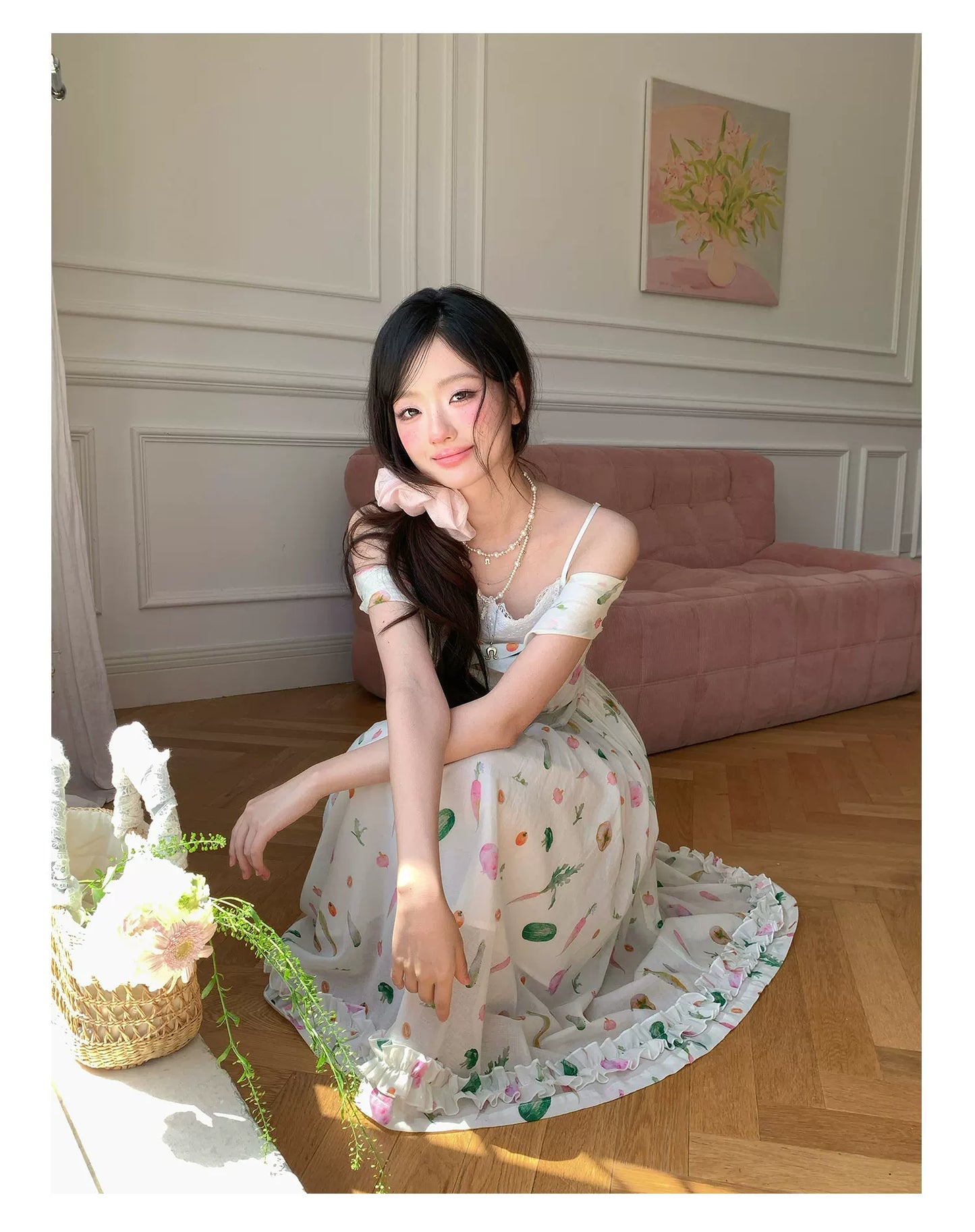 “Verdant Orchard Reverie” Beige Fruit Print Off-Shoulder Dress