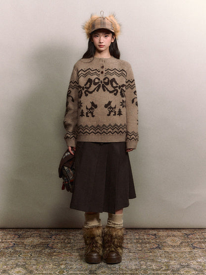 Soote Season - Fair Isle Cinnamon Bow Henley Knit Sweater