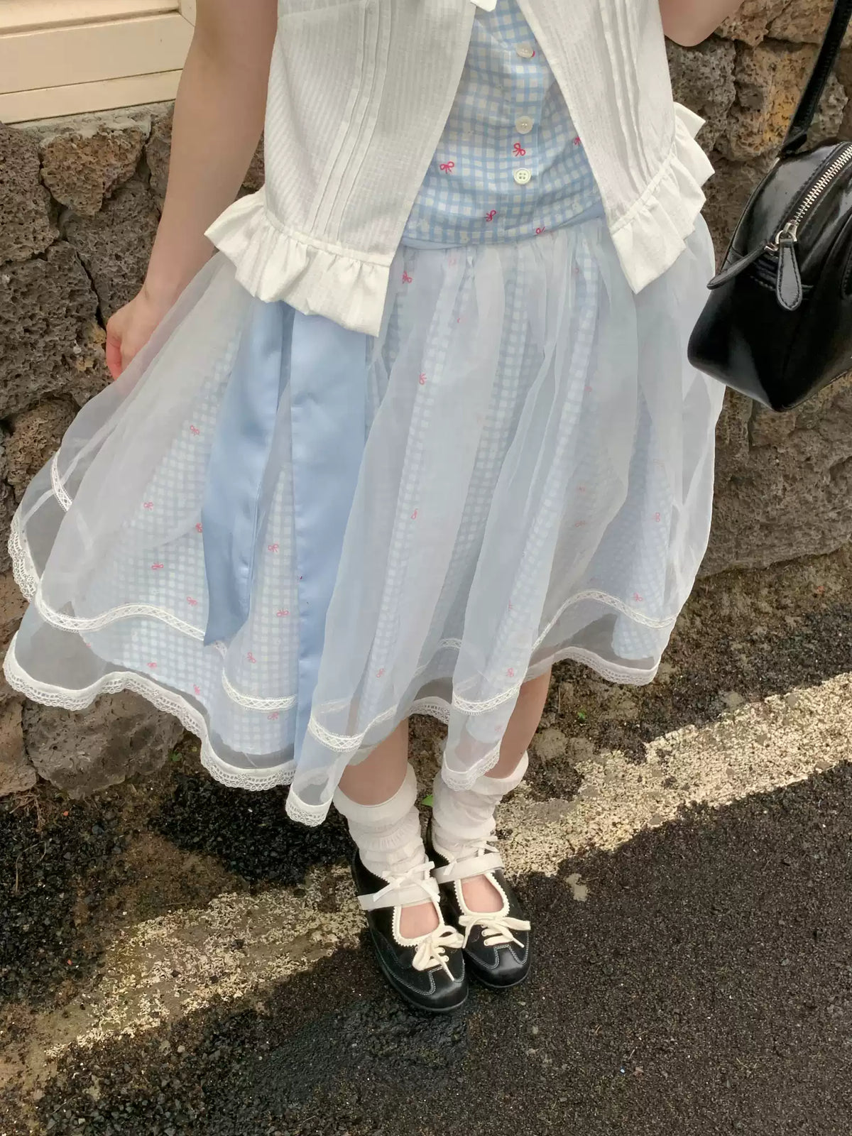 [RF] “Sweet Bluebell” Light Blue Plaid Lace-Trim Three-Piece Set