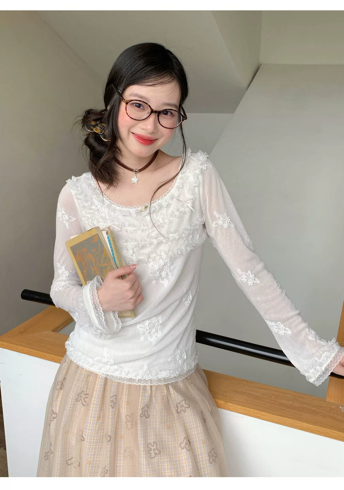 [RF] “Pearl Mist Reverie” White Lace-Trim Sheer Mesh Long-Sleeve Top