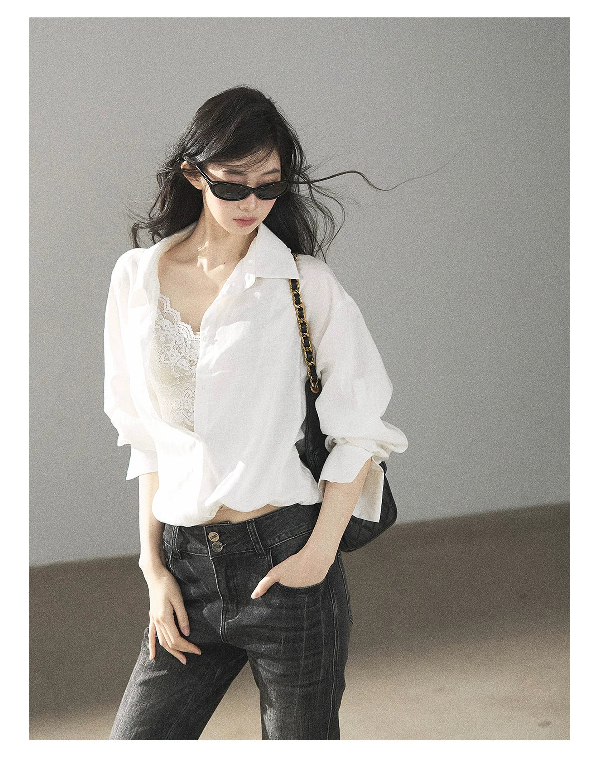 AOMALM - "Wandering Sunlight" Almond Beige Faux Two-Piece Lace Shirt Top