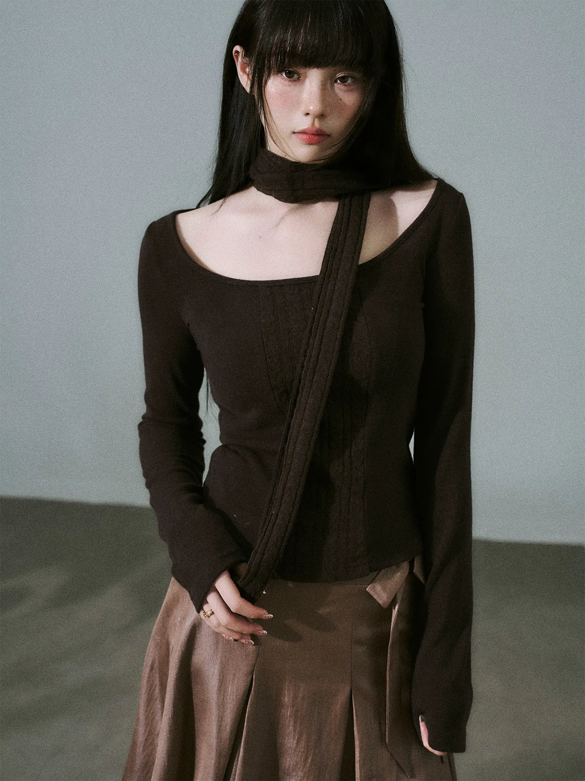 LOST FOREST - Purple Brown Wide-Neck Long Sleeve Top with Cable-Knit Scarf