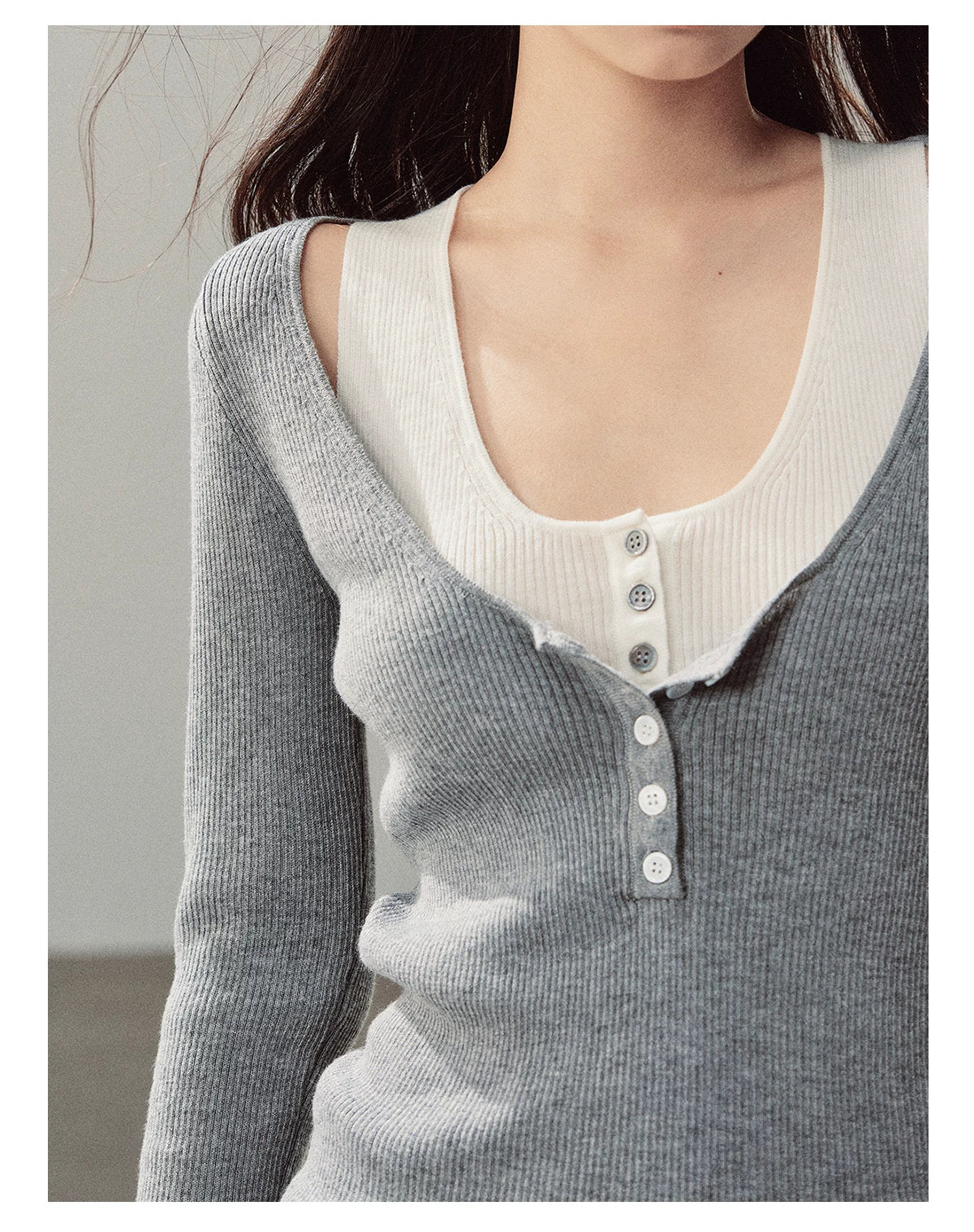 AOMALM - Korean U-Neck Faux Layered Knit Top