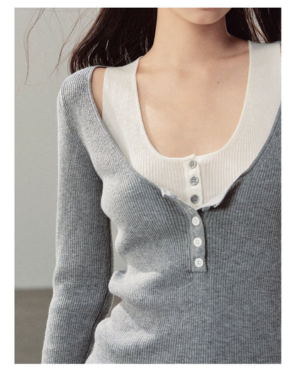 AOMALM - Korean U-Neck Faux Layered Knit Top