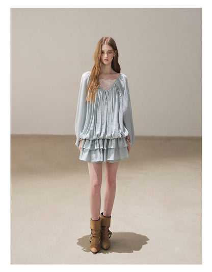 170726 "Falling Into Jacaranda Dreams" Misty Blue Lace Bubble Mini Dress with Shorts