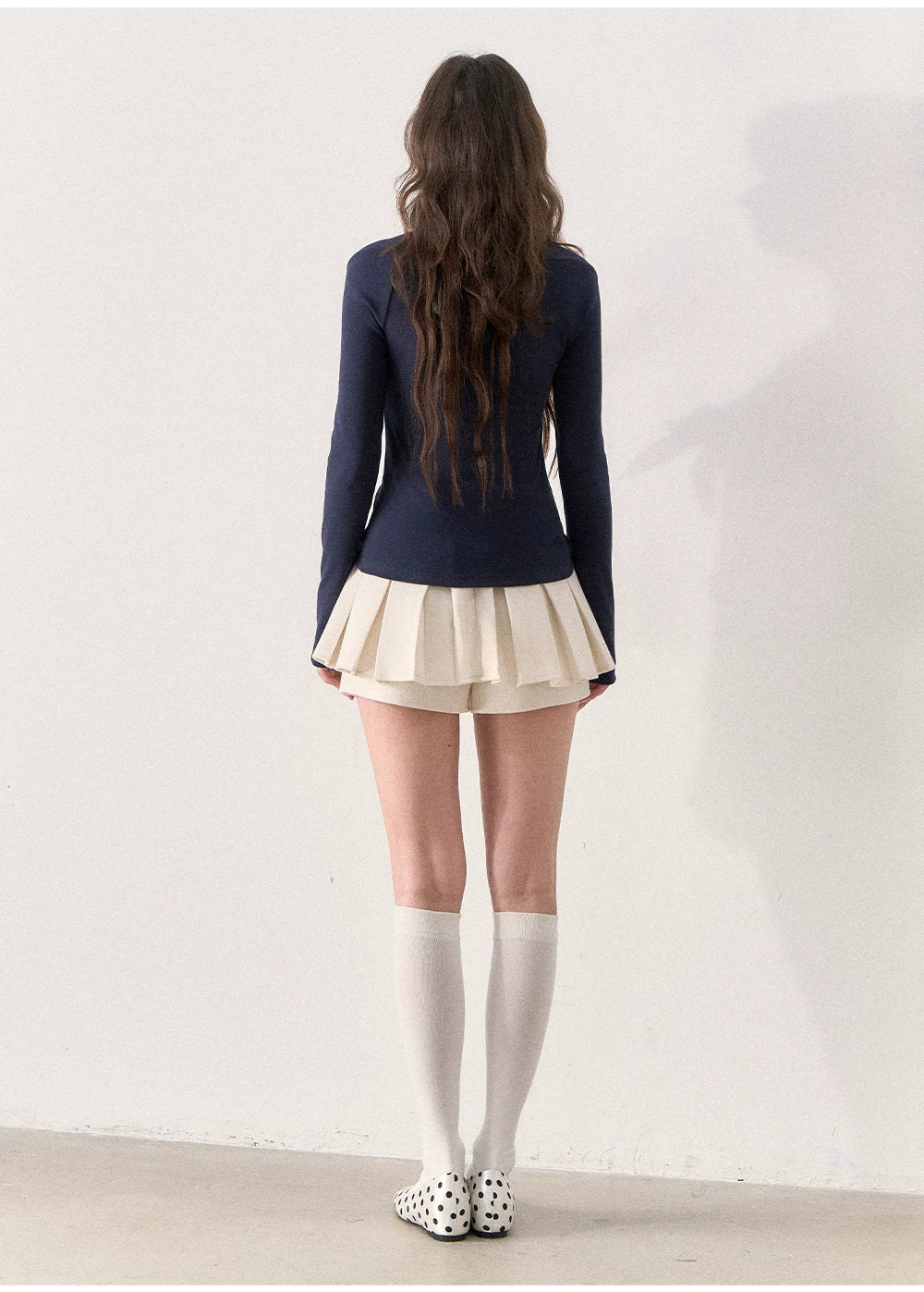 [TMMG] French Retro Polka Dot Plaid Bow Fitted T-Shirt (Deep Navy)