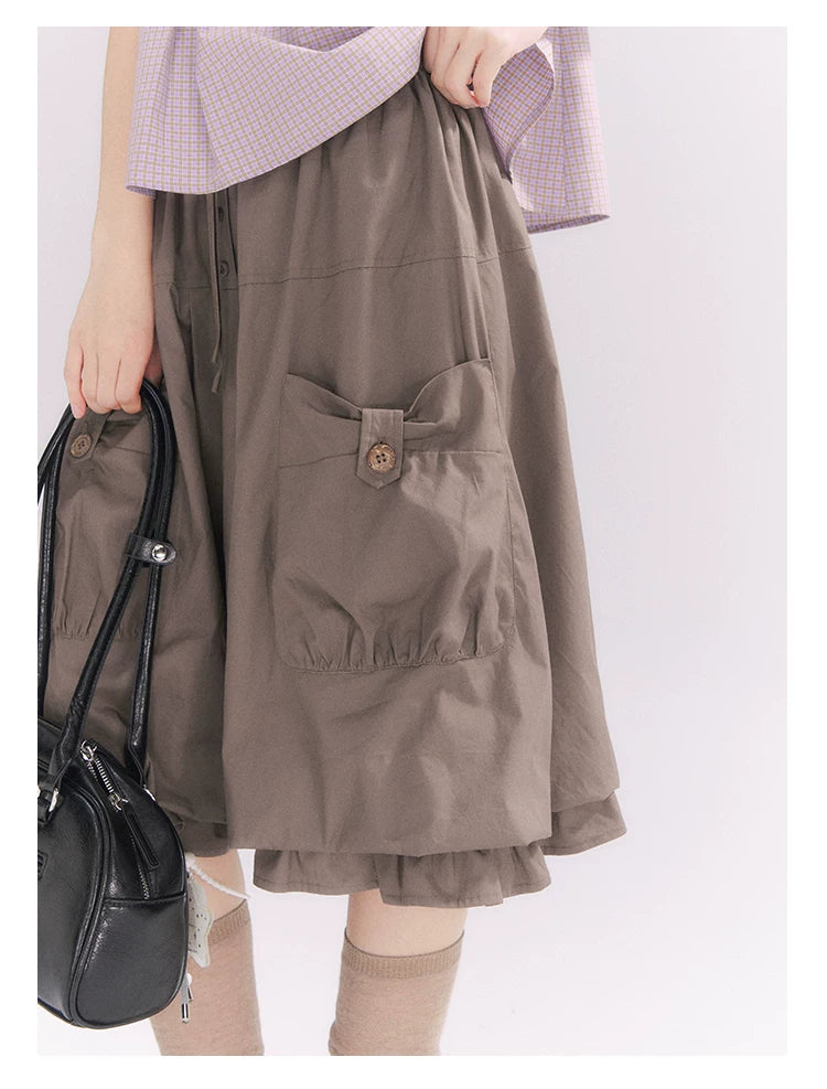 “Sweet & Cool Girl” Taupe Bow Drawstring High-Waist A-Line Cargo Skirt