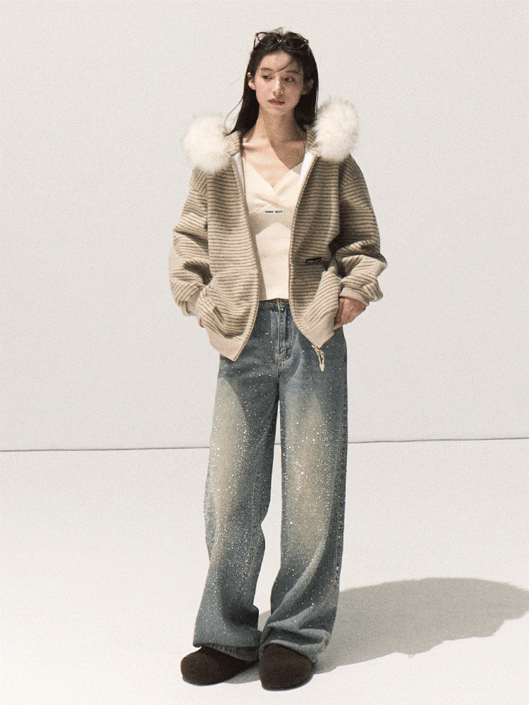 OAKMOO/ Sand Taupe Striped Hooded Jacket with Detachable Faux Fur Collar