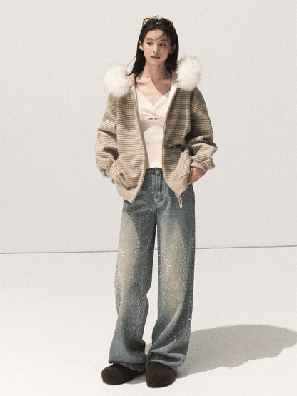 OAKMOO/ Sand Taupe Striped Hooded Jacket with Detachable Faux Fur Collar