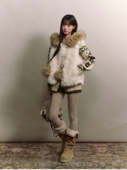 Soote Season - Fair Isle Cream Hooded Toggle Knit Jacket - Light Cream