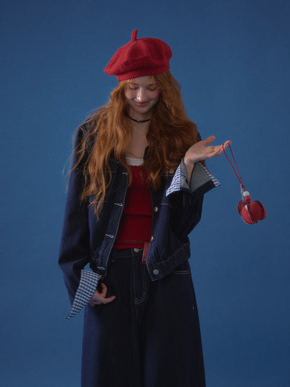 ASGONY - Patchwork Denim Jacket & Wide-Leg Jeans Set