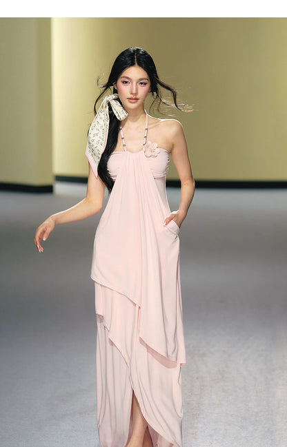"Moonlit Reverie" Halter Layered Maxi Dress (Black/ Blush Pink)